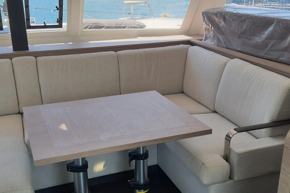 Salon of Arven, a Fountaine Pajot Isla 40 catamaran at Fethiye, Turkey
