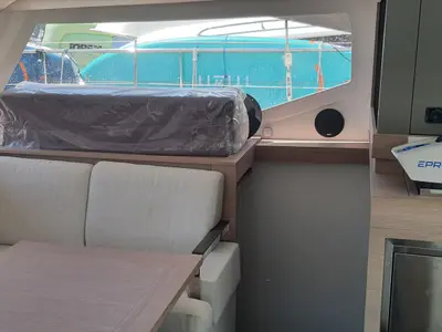 Salon of Arven, a Fountaine Pajot Isla 40 catamaran at Fethiye, Turkey