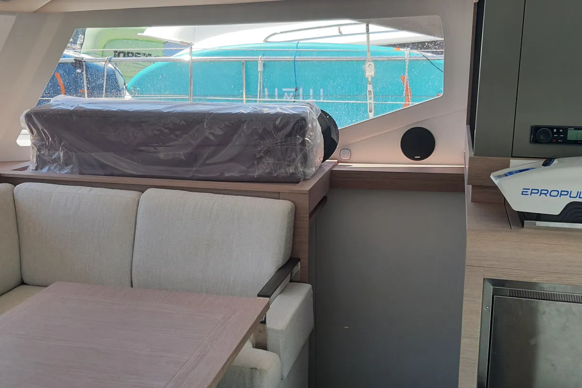 Salon of Arven, a Fountaine Pajot Isla 40 catamaran at Fethiye, Turkey