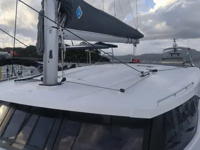 Deck of Arven, a Fountaine Pajot Isla 40 catamaran at Fethiye, Turkey