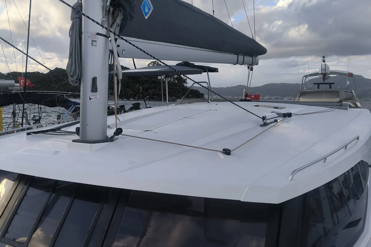 Deck of Arven, a Fountaine Pajot Isla 40 catamaran at Fethiye, Turkey