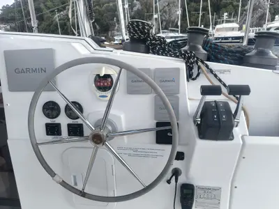 Cockpit of Arven, a Fountaine Pajot Isla 40 catamaran at Fethiye, Turkey