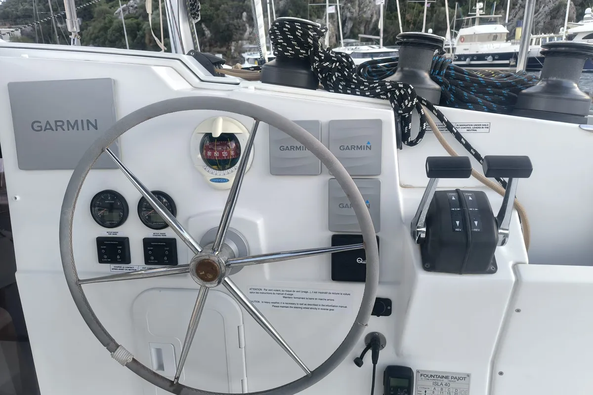 Cockpit of Arven, a Fountaine Pajot Isla 40 catamaran at Fethiye, Turkey