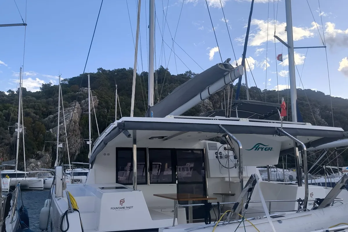 Exterior view of Arven, a Fountaine Pajot Isla 40 catamaran at Fethiye, Turkey
