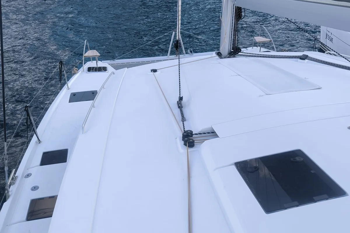 Deck of Arven, a Fountaine Pajot Isla 40 catamaran at Fethiye, Turkey