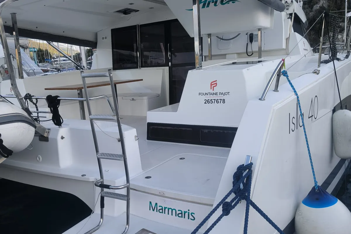 Exterior view of Arven, a Fountaine Pajot Isla 40 catamaran at Fethiye, Turkey