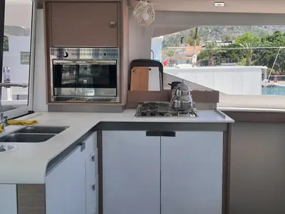 Galley of Arven, a Fountaine Pajot Isla 40 catamaran at Fethiye, Turkey