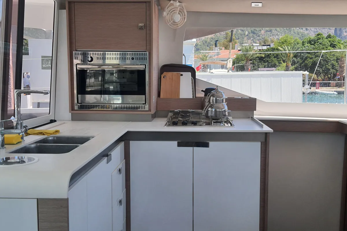 Galley of Arven, a Fountaine Pajot Isla 40 catamaran at Fethiye, Turkey