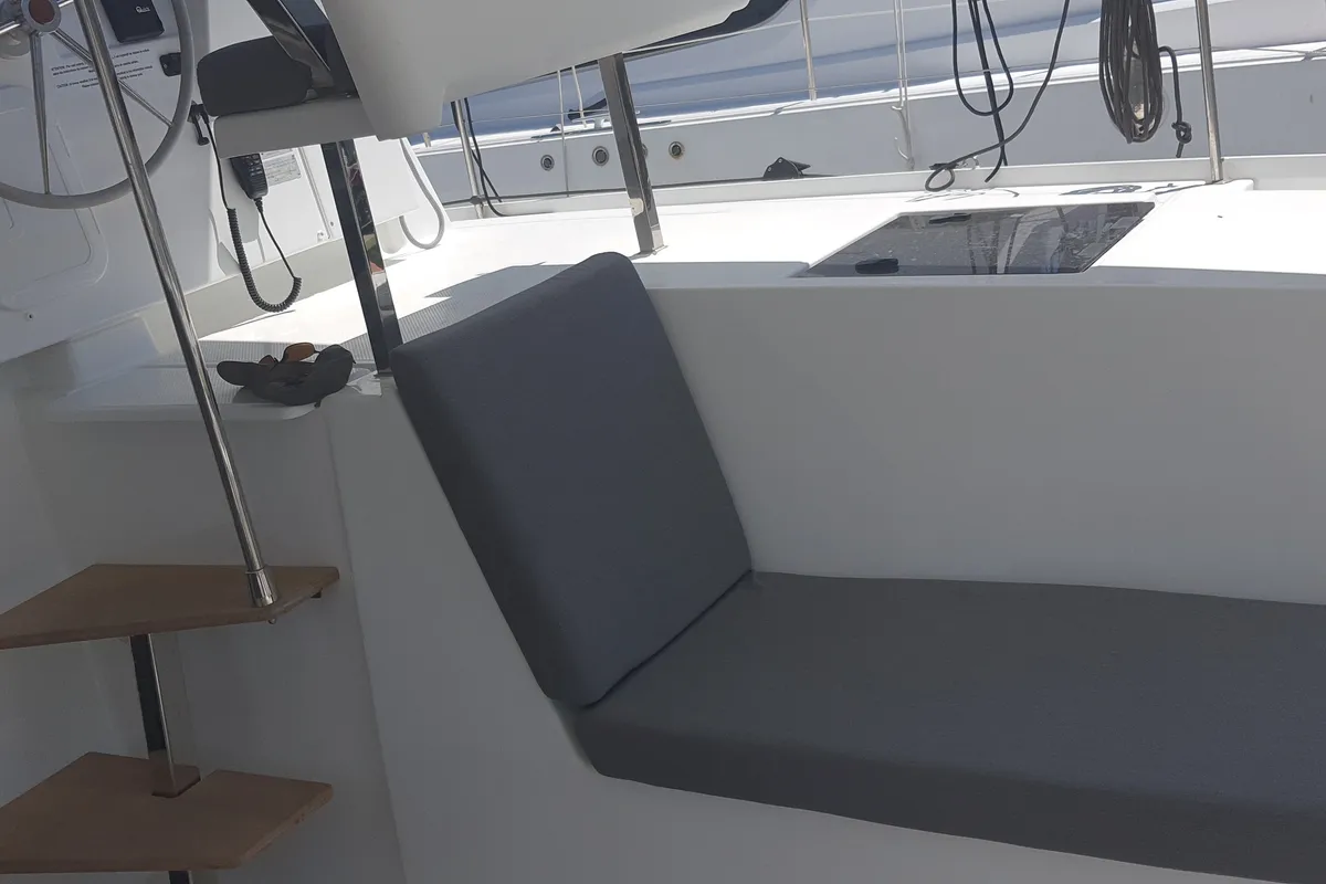 Deck of Arven, a Fountaine Pajot Isla 40 catamaran at Fethiye, Turkey