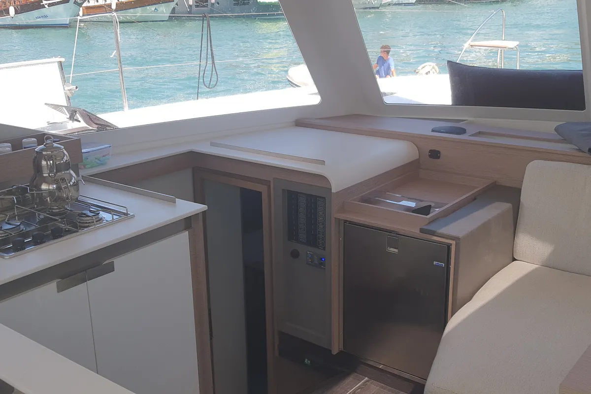 Galley of Arven, a Fountaine Pajot Isla 40 catamaran at Fethiye, Turkey