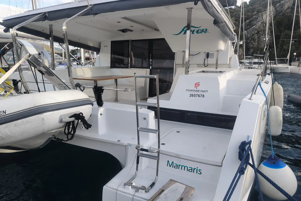 Exterior view of Arven, a Fountaine Pajot Isla 40 catamaran at Fethiye, Turkey