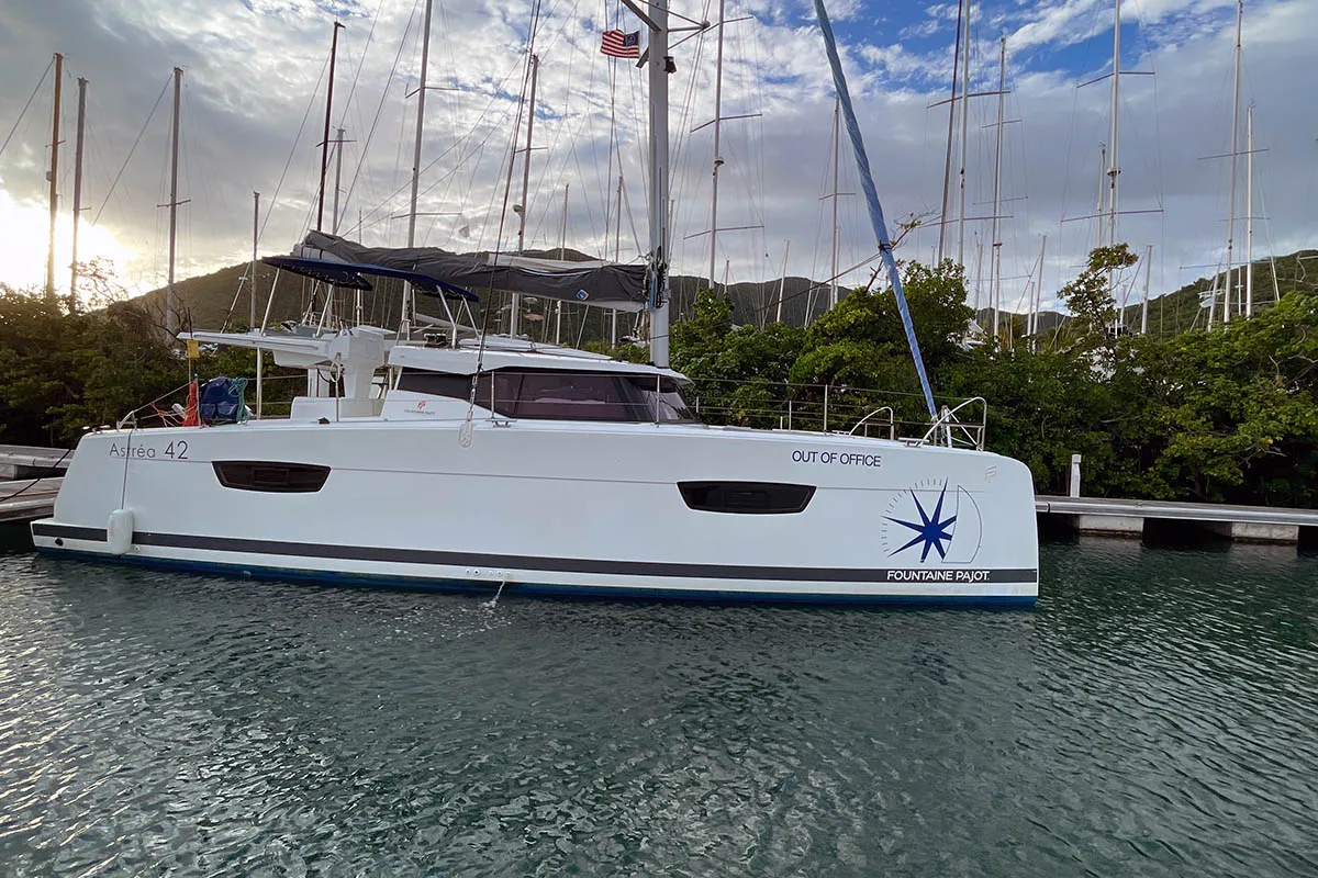 Nauti Mollie (ex. Out Of Office), a Fountaine Pajot Astrea 42 catamaran at Road Town, British Virgin Islands