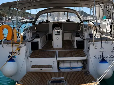 Cockpit of La Vita e Bella, a Jeanneau Sun Odyssey 490 sailboat at Fethiye, Turkey