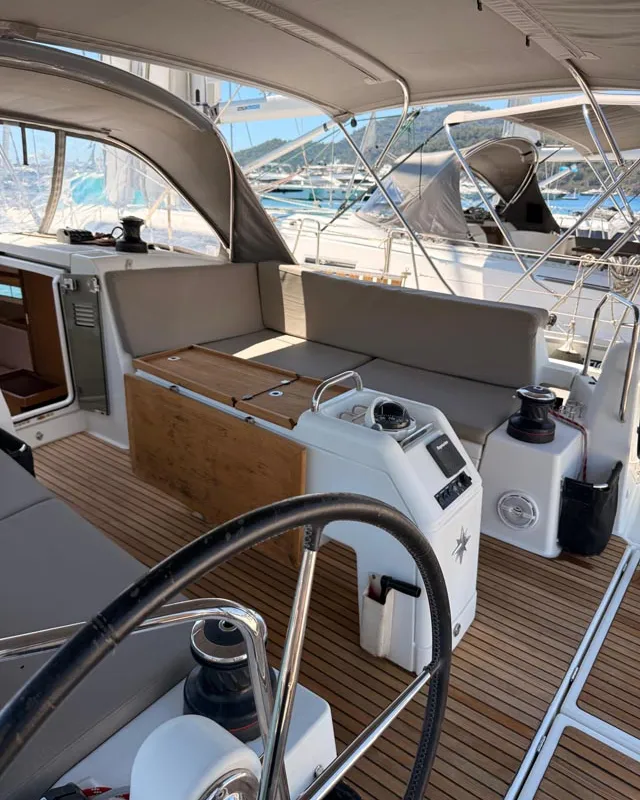Cockpit of La Vita e Bella, a Jeanneau Sun Odyssey 490 sailboat at Fethiye, Turkey