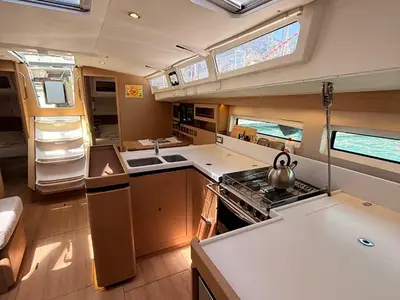 Galley of La Vita e Bella, a Jeanneau Sun Odyssey 490 sailboat at Fethiye, Turkey
