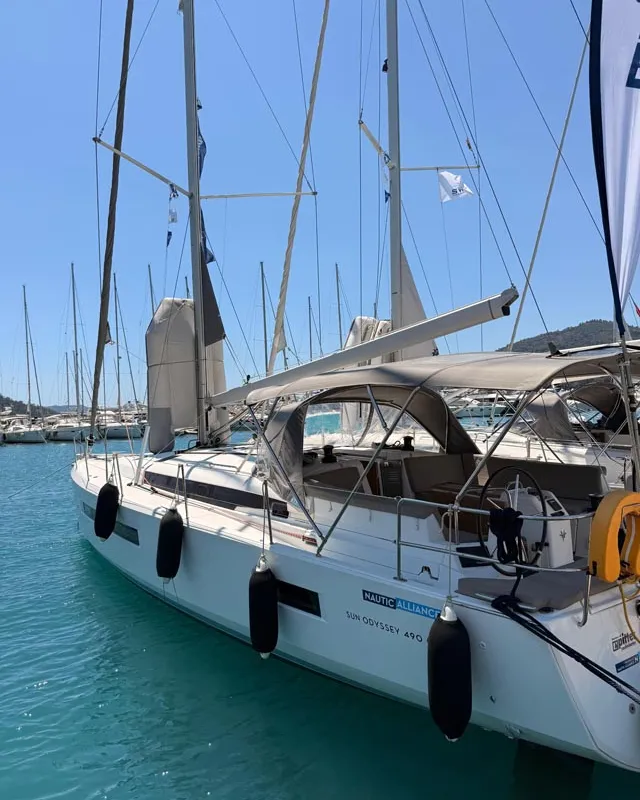 Exterior view of La Vita e Bella, a Jeanneau Sun Odyssey 490 sailboat at Fethiye, Turkey