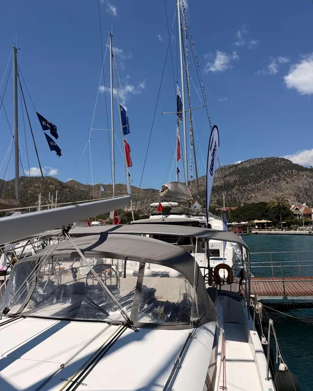 Exterior view of La Vita e Bella, a Jeanneau Sun Odyssey 490 sailboat at Fethiye, Turkey