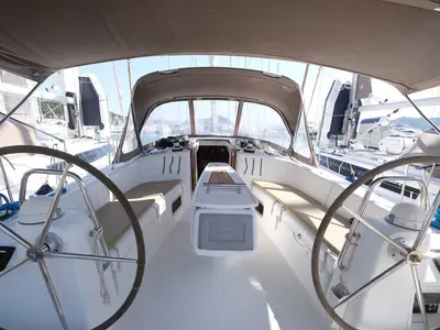 Cockpit of Sophia-Maria, a Beneteau Oceanis 43 Family sailboat at Fethiye, Turkey
