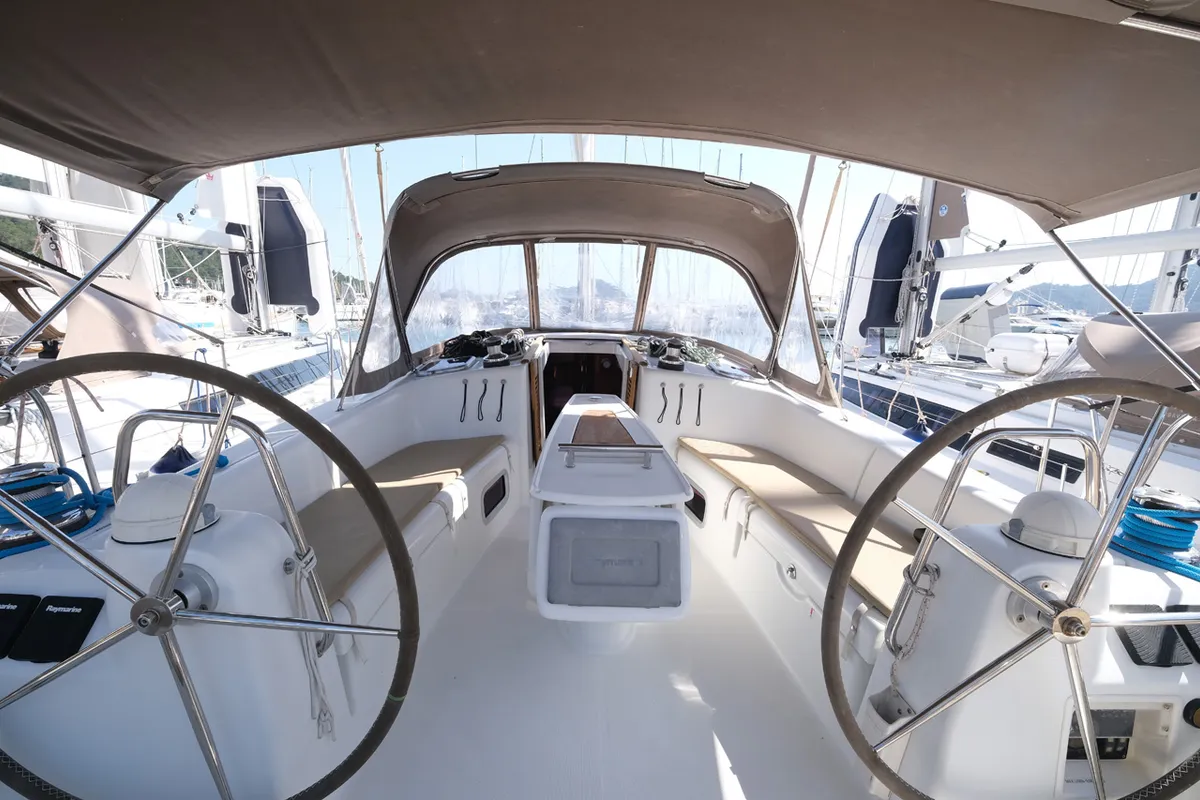 Cockpit of Sophia-Maria, a Beneteau Oceanis 43 Family sailboat at Fethiye, Turkey