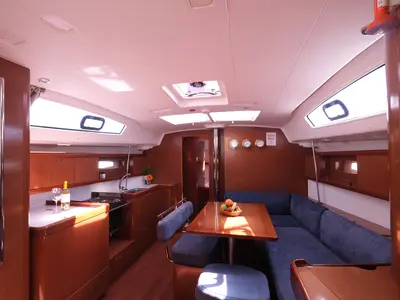 Salon of Sophia-Maria, a Beneteau Oceanis 43 Family sailboat at Fethiye, Turkey