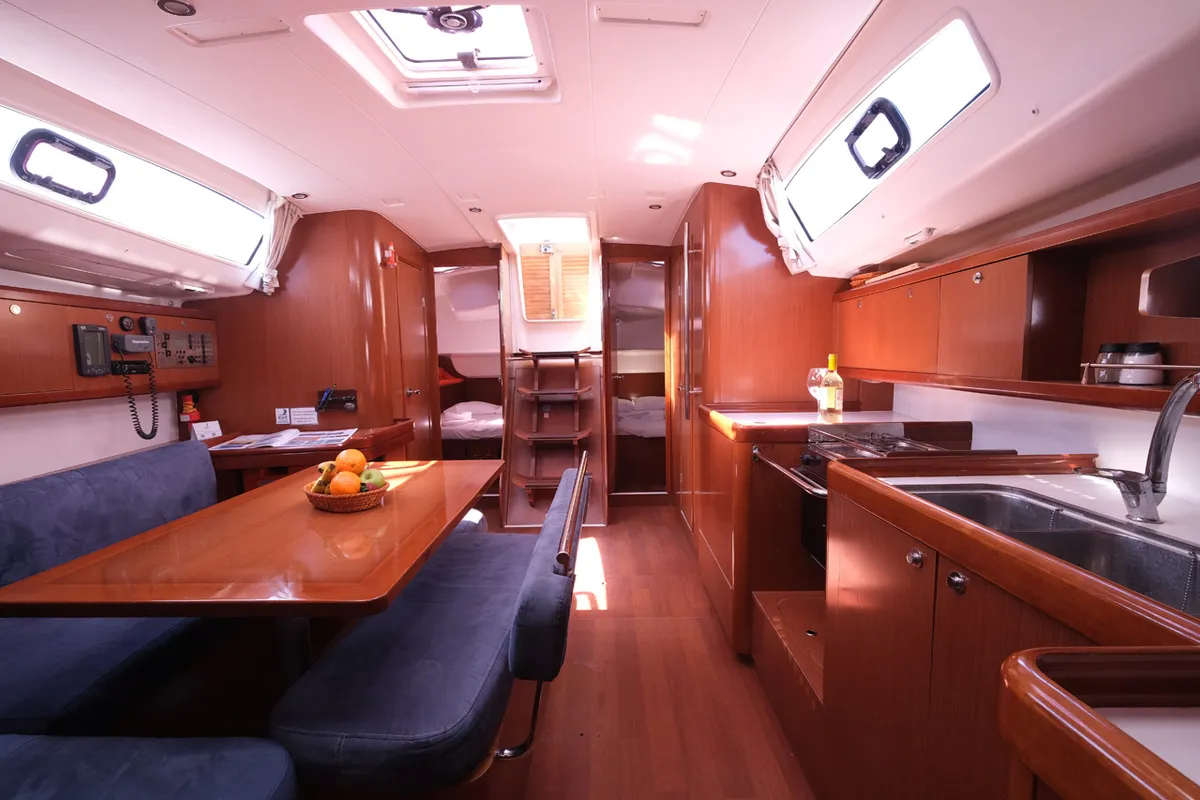 Salon of Sophia-Maria, a Beneteau Oceanis 43 Family sailboat at Fethiye, Turkey