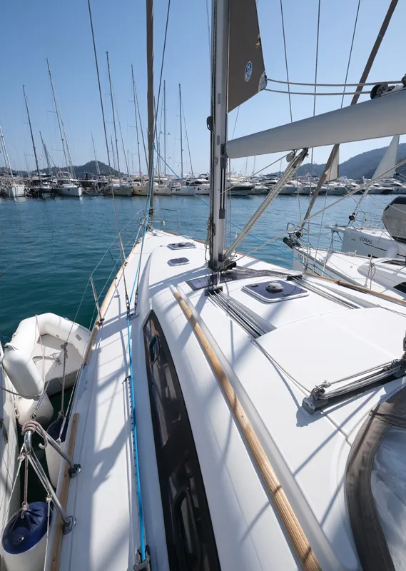 Deck of Sophia-Maria, a Beneteau Oceanis 43 Family sailboat at Fethiye, Turkey