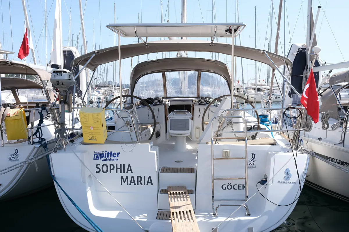 Exterior view of Sophia-Maria, a Beneteau Oceanis 43 Family sailboat at Fethiye, Turkey