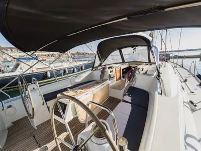 Cockpit of Pain Killer, a Beneteau Oceanis 46 sailboat at Kavala, Greece