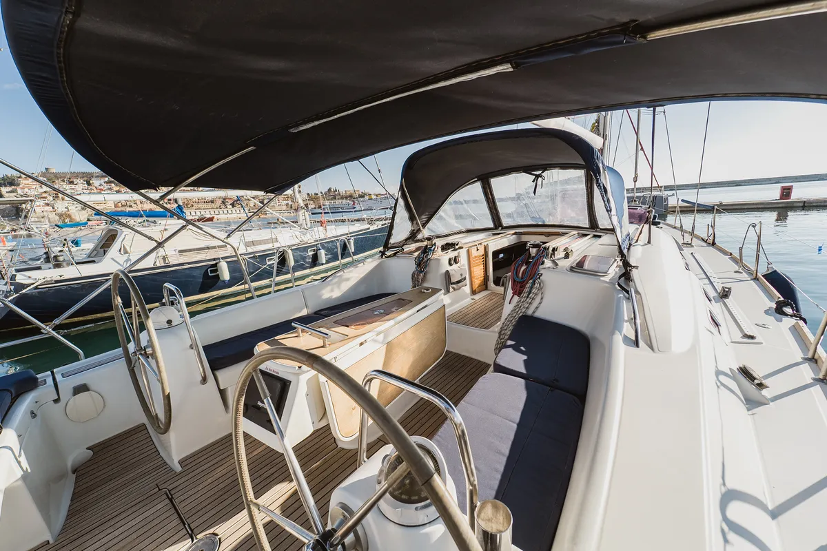 Cockpit of Pain Killer, a Beneteau Oceanis 46 sailboat at Kavala, Greece