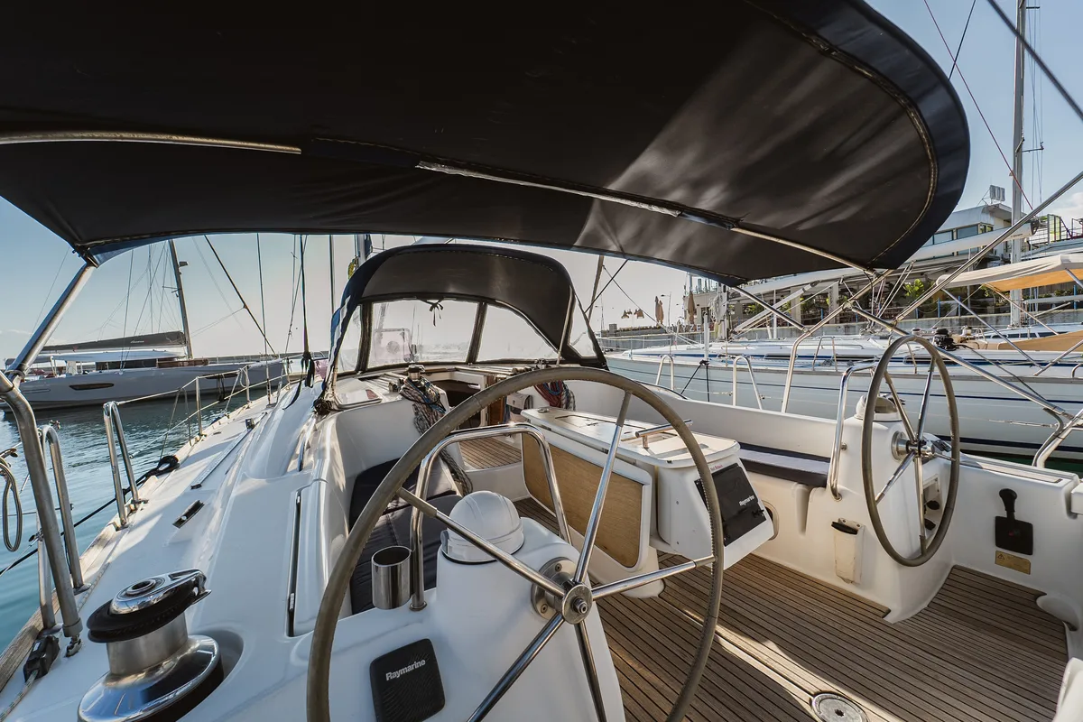 Cockpit of Pain Killer, a Beneteau Oceanis 46 sailboat at Kavala, Greece
