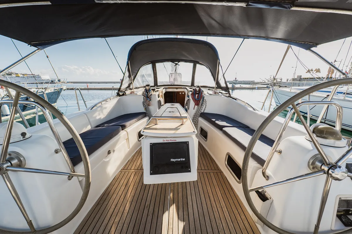 Cockpit of Pain Killer, a Beneteau Oceanis 46 sailboat at Kavala, Greece