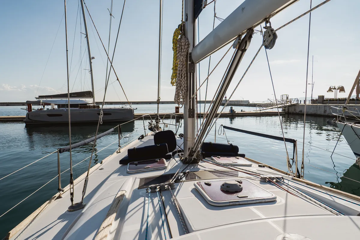 Deck of Pain Killer, a Beneteau Oceanis 46 sailboat at Kavala, Greece