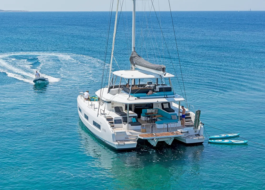 Exterior view of Verina Star , a Lagoon 55 catamaran at Athens, Greece