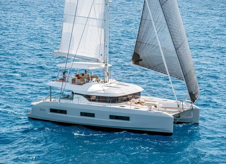 Exterior view of Verina Star , a Lagoon 55 catamaran at Athens, Greece