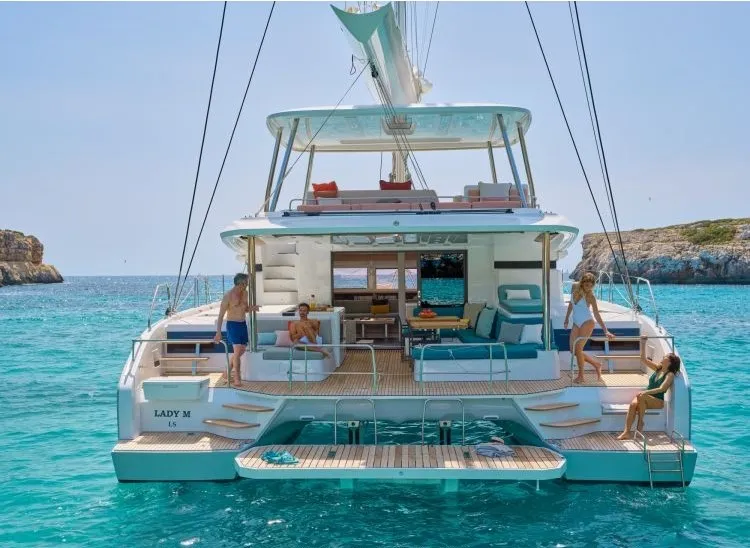 Exterior view of Verina Star , a Lagoon 55 catamaran at Athens, Greece