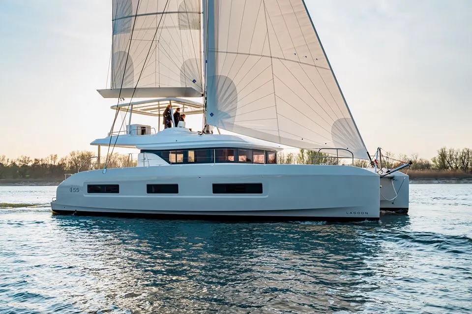 Exterior view of Verina Star , a Lagoon 55 catamaran at Athens, Greece