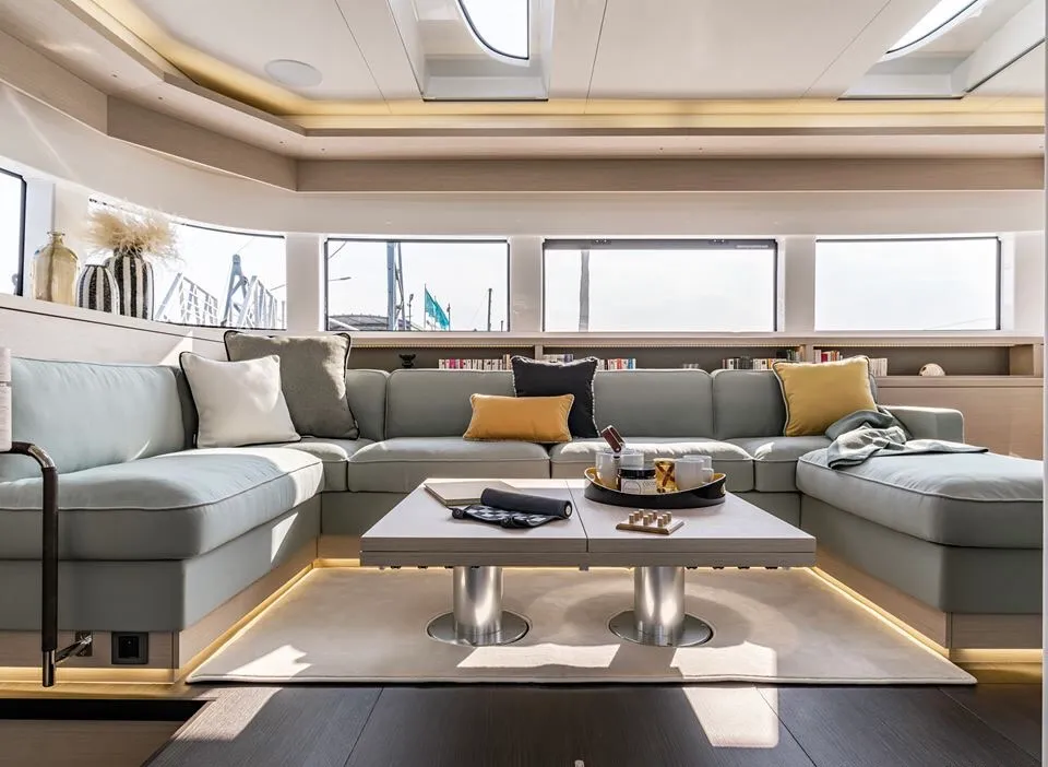 Salon of Verina Star , a Lagoon 55 catamaran at Athens, Greece