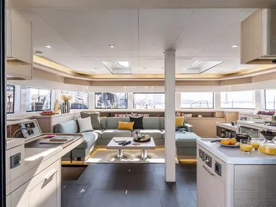 Salon of Verina Star , a Lagoon 55 catamaran at Athens, Greece