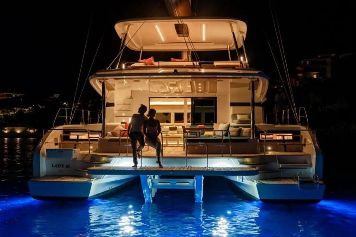 Exterior view of Verina Star , a Lagoon 55 catamaran at Athens, Greece