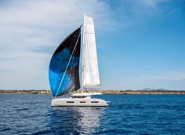 Exterior view of Verina Star , a Lagoon 55 catamaran at Athens, Greece
