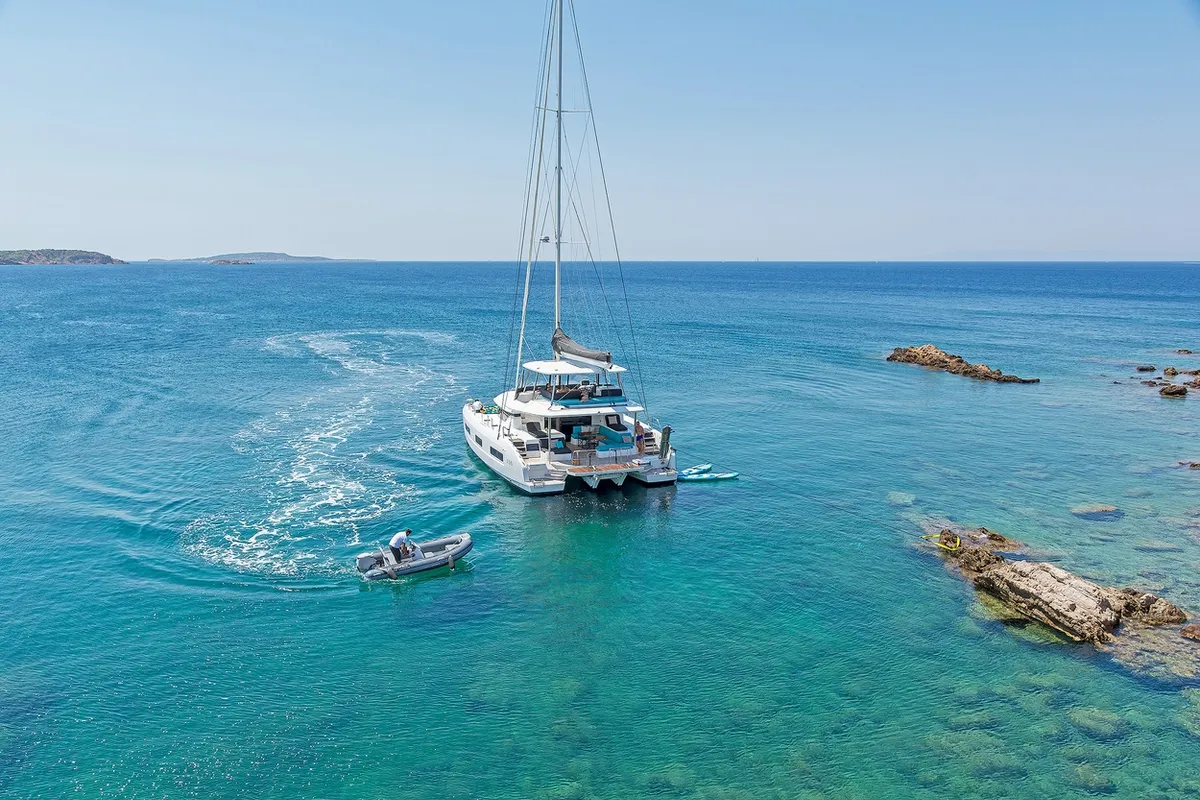 Exterior view of Verina Star , a Lagoon 55 catamaran at Athens, Greece