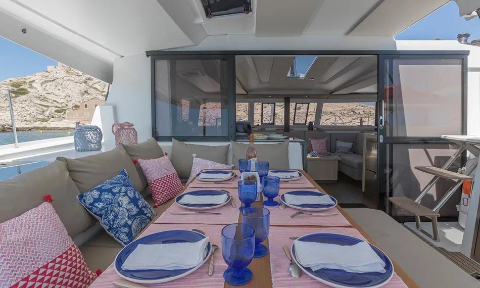 Deck of Felis, a Fountaine Pajot Astrea 42 catamaran at Murter, Croatia