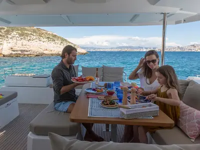 Deck of Felis, a Fountaine Pajot Astrea 42 catamaran at Murter, Croatia