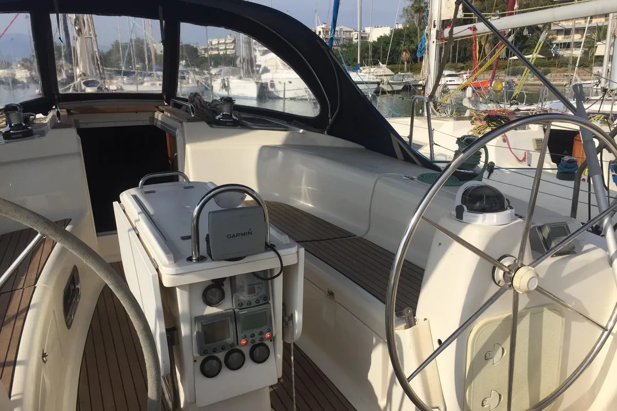 Cockpit of Giannis, a Bavaria 44 sailboat at Municipal Unit of Ellomenos, Greece