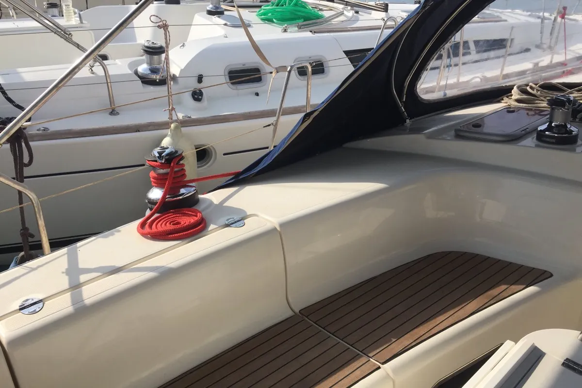 Deck of Giannis, a Bavaria 44 sailboat at Municipal Unit of Ellomenos, Greece