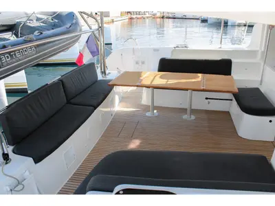 Deck of L'Orceo, a Lagoon 46 catamaran at Ajaccio, France