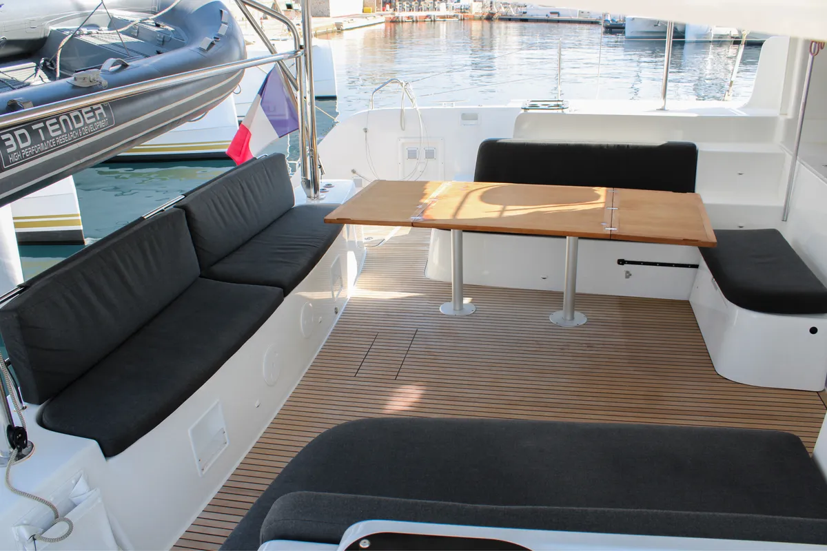 Deck of L'Orceo, a Lagoon 46 catamaran at Ajaccio, France