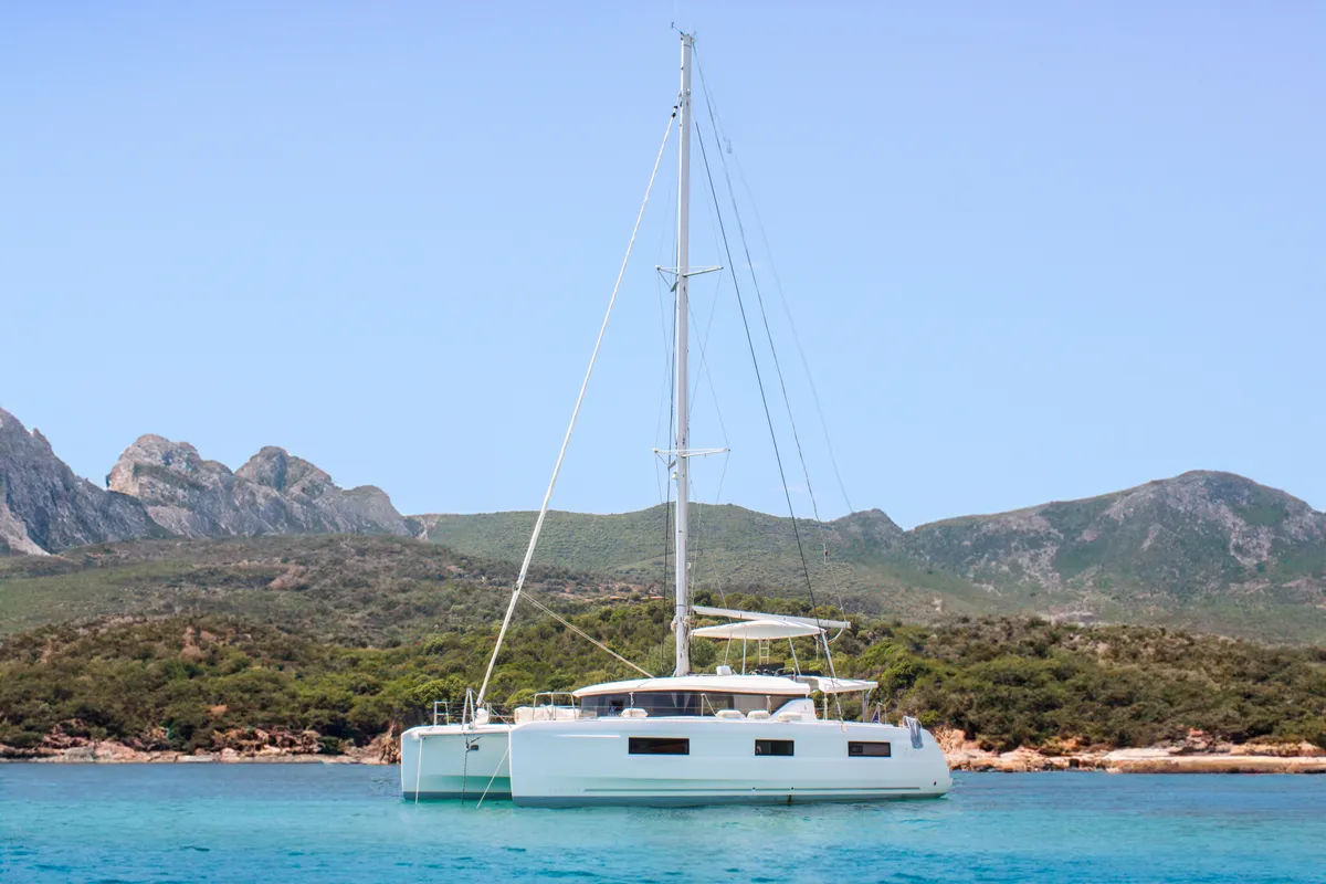 Exterior view of L'Orceo, a Lagoon 46 catamaran at Ajaccio, France