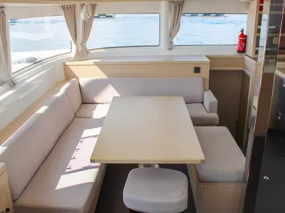 Salon of L'Orceo, a Lagoon 46 catamaran at Ajaccio, France