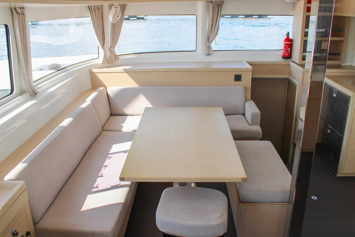 Salon of L'Orceo, a Lagoon 46 catamaran at Ajaccio, France